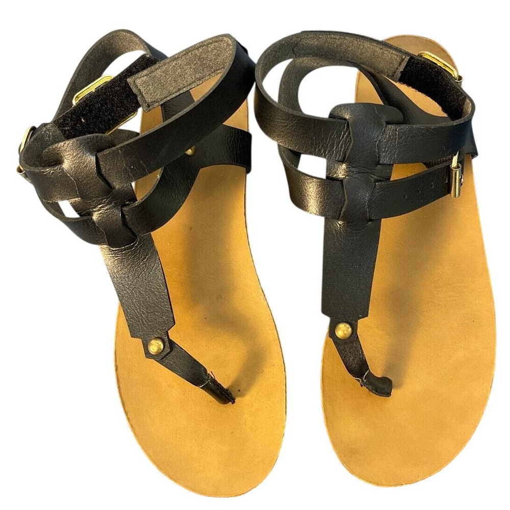 Black Gladiator Thong Sandals Double Ankle Strap Gold Buckle Flat Sandals Womens